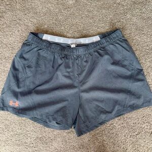 Like New Under Armour Women's Gray with Neon Orange Logo Athletic Shorts, Size M
